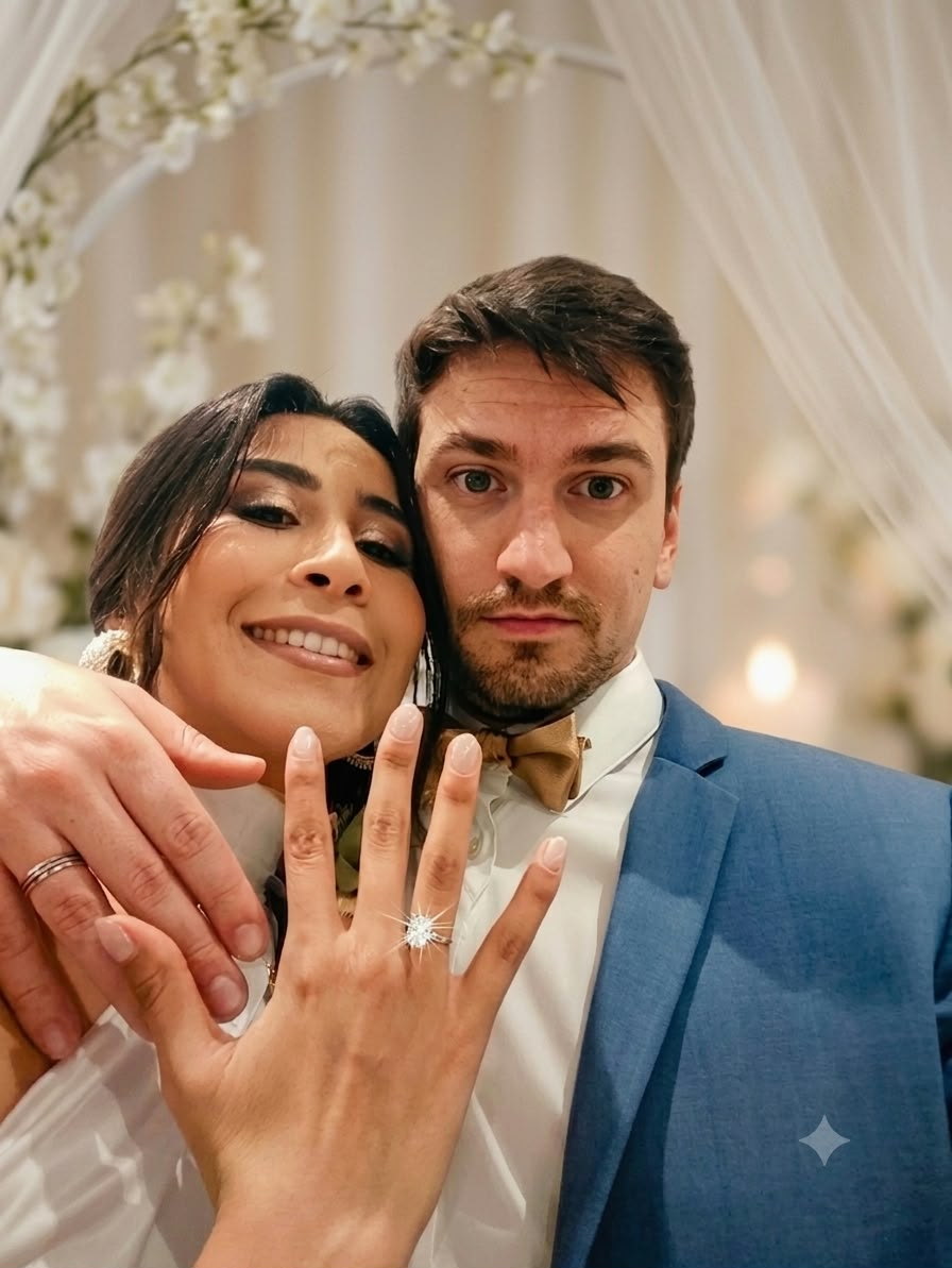 Victor et Rihab joue contre joue, Rihab montrant sa bague de fiançailles